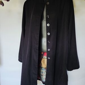 Chico's Design Size 2 Black Button-Up Trench Coat 100% Silk Lantern Pattern